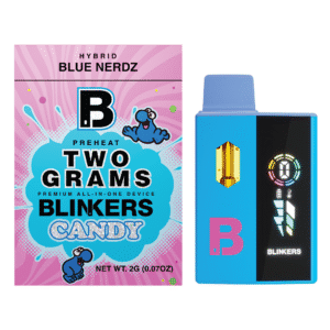 Blue Nerdz hybrid vape cartridge with Candy LED display and hash hole, 2 grams capacity.