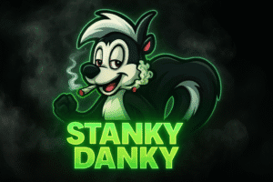 Cartoon skunk mascot smoking a joint with neon green text "Stanky Danky".