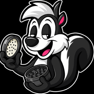 Cartoon skunk holding weed accessories, perfect for stoner accessories.