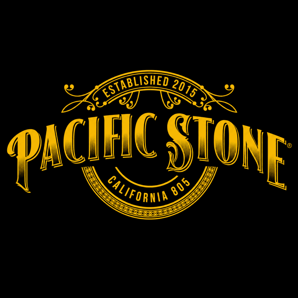 Gold ornate logo reading 'Pacific Stone' with decorative flourishes, 'Established 2015' and 'California 805' in a circular badge on black background.