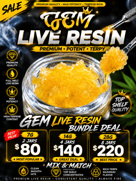 GEM Live Resin premium cannabis concentrate sale featuring 7g for $80, 14g for $140, and 28g for $220 mix and match deal from Stanky Danky
